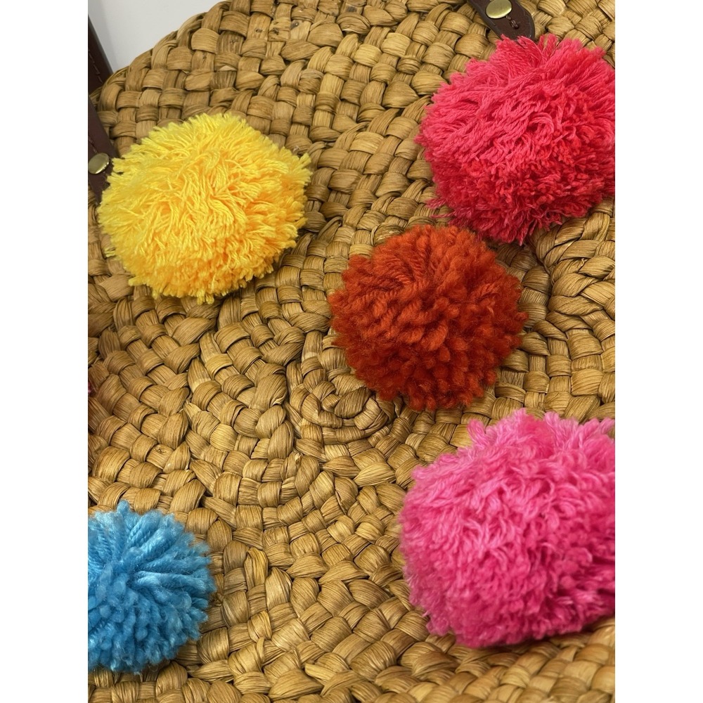 Sam Edelman Straw Yarn Multicolor Pom Poms Beach Bohemian Boho Casual Bag Tote - Picture 7 of 14